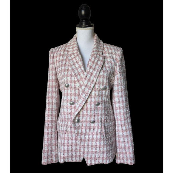 L’AGENCE Kenzie Double Breasted Blazer in Pink Ivory Tweed in Size 6 Houndstooth - Picture 2 of 11